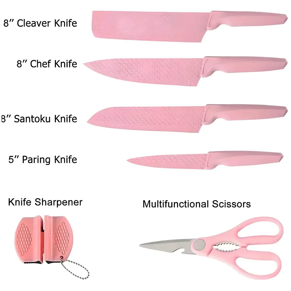 6 Pcs Knife Set Pink Knife with Groove Pattern Chef Knife High Carbon Stainless Steel Laser Knives Kitchen with Box