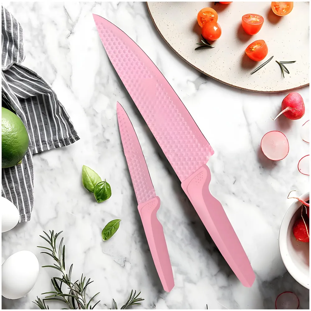 6 Pcs Knife Set Pink Knife with Groove Pattern Chef Knife High Carbon Stainless Steel Laser Knives Kitchen with Box