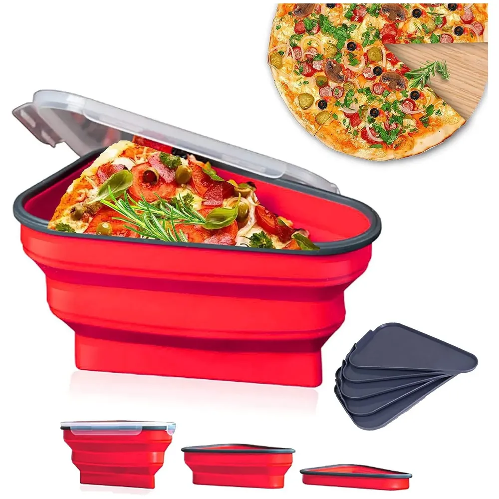 Pizza storage container, silicone pizza storage container collapsible includes 5 trays, adjustable pizza caddy to save space in the fridge and containers for the rest of the pizza slices.