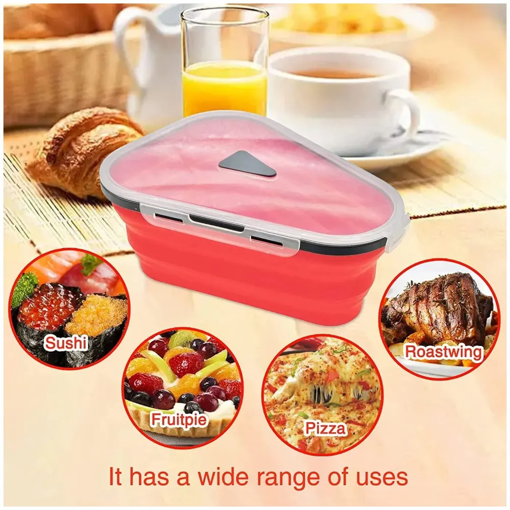 Pizza storage container, silicone pizza storage container collapsible includes 5 trays, adjustable pizza caddy to save space in the fridge and containers for the rest of the pizza slices.