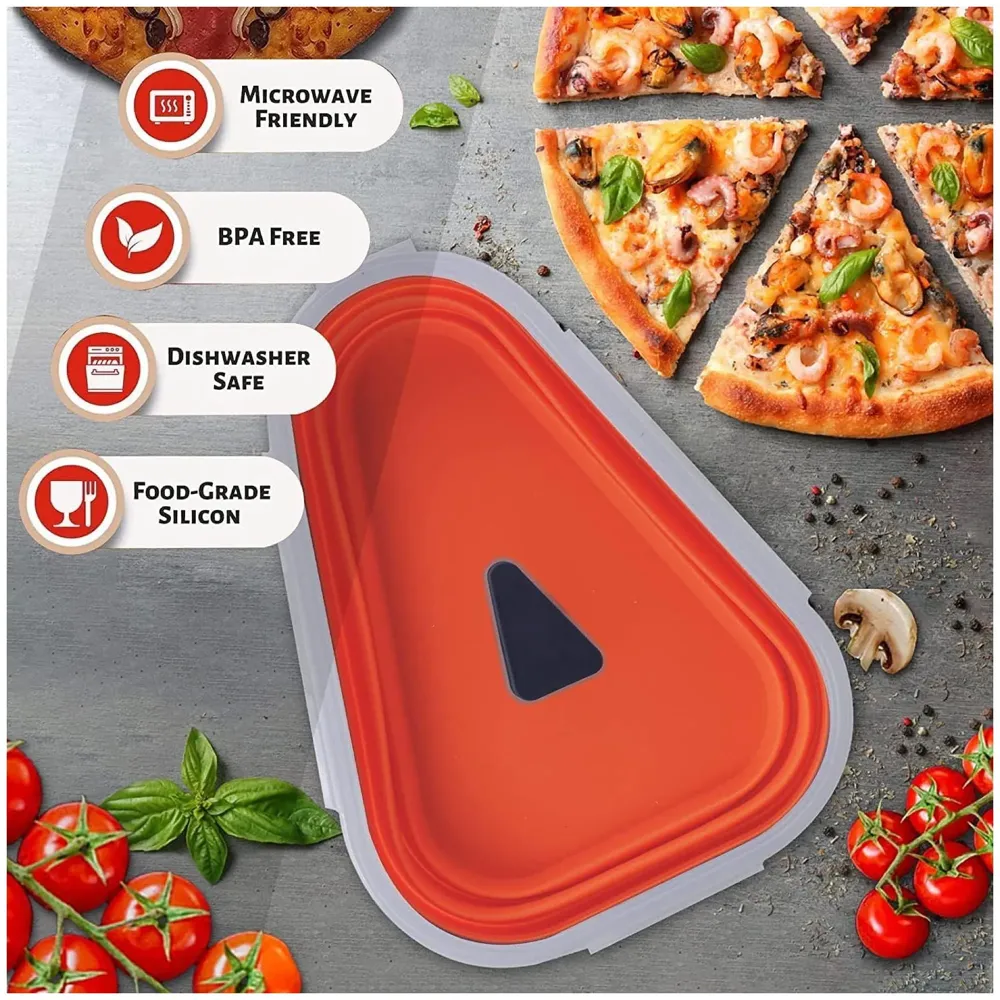 Pizza storage container, silicone pizza storage container collapsible includes 5 trays, adjustable pizza caddy to save space in the fridge and containers for the rest of the pizza slices.