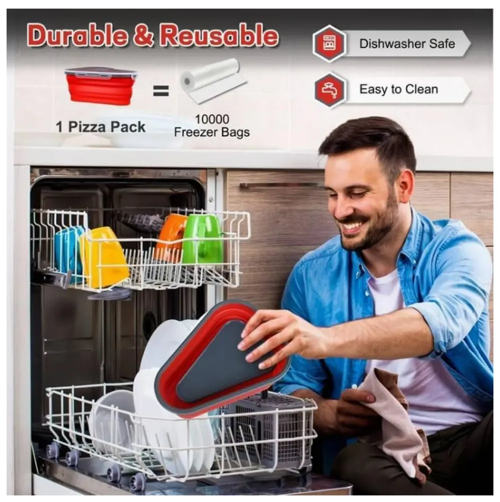 Pizza storage container, silicone pizza storage container collapsible includes 5 trays, adjustable pizza caddy to save space in the fridge and containers for the rest of the pizza slices.