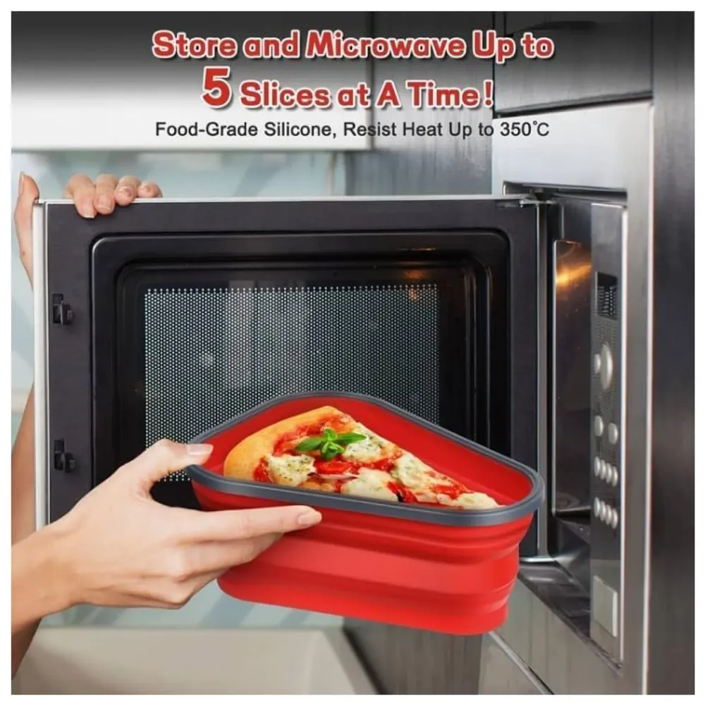 Pizza storage container, silicone pizza storage container collapsible includes 5 trays, adjustable pizza caddy to save space in the fridge and containers for the rest of the pizza slices.