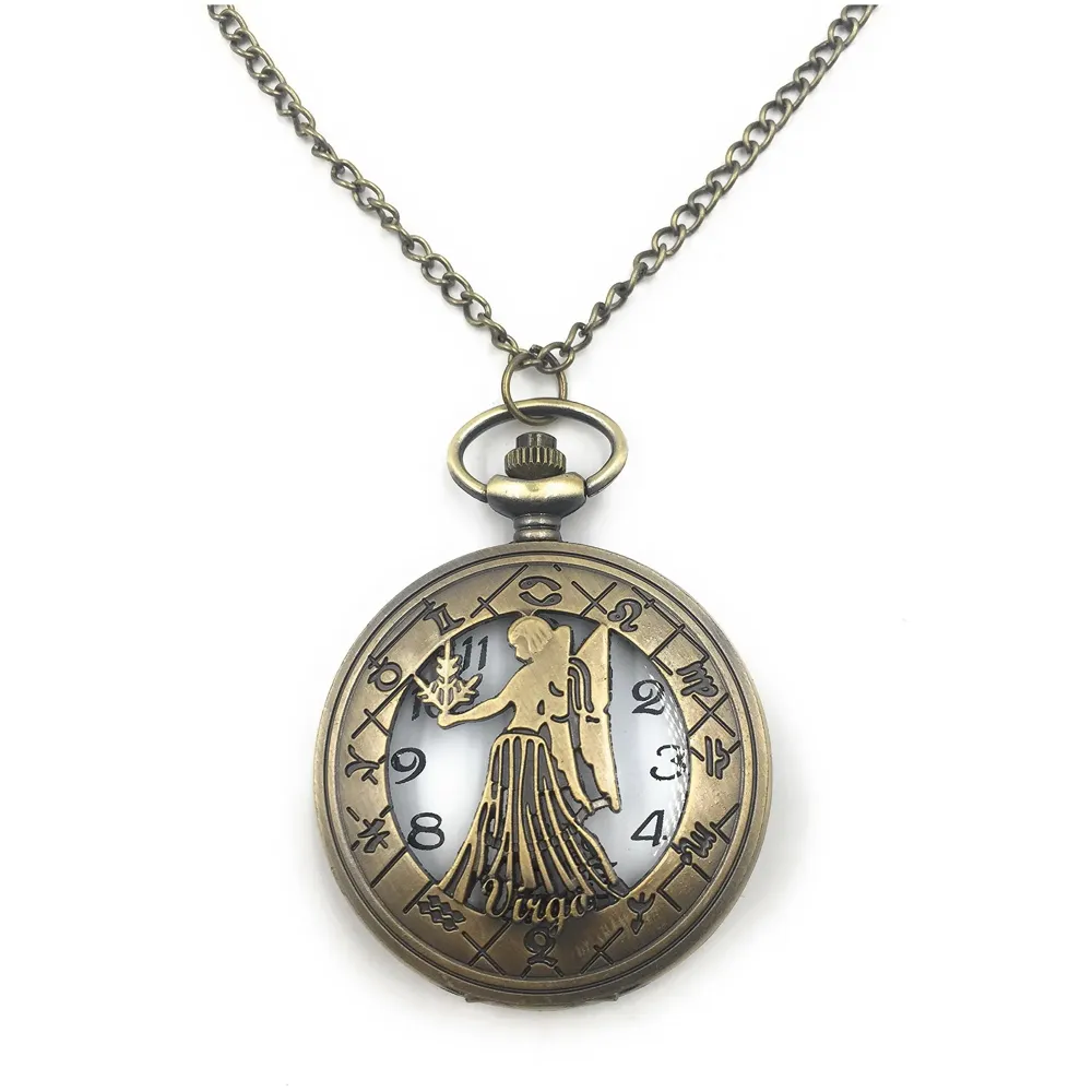 Antique Classic Vintage Zodiac Virgo August 23-September 22 Quartz Pocket Metal Watch Case for Boys and Girls (4.5 cm Diameter)