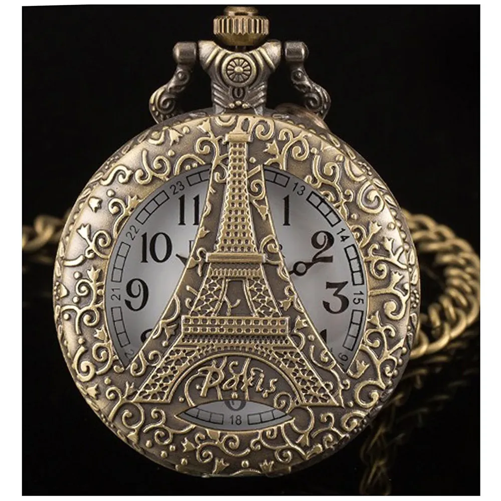 Bronze Classic Vintage Retro Antique Skeleton Hollow Eiffel Tower Chain Pocket Watch 4.5 cms Diameter