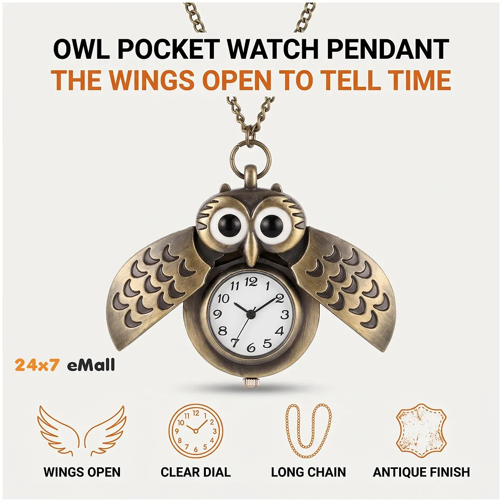 Owl Pocket Watch Pendant Classic Vintage Retro Antique 2.5 cm