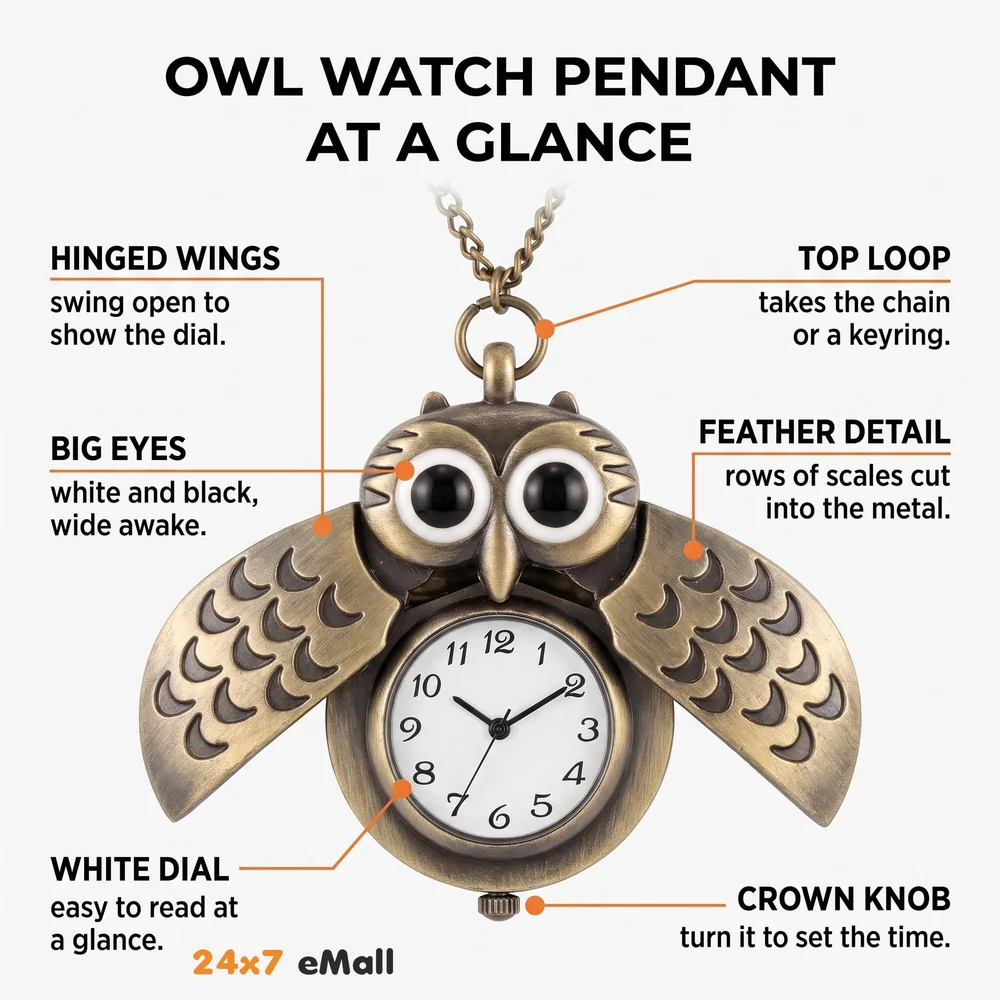 owl Pocket Watch Classic Vintage Retro Antique Owl Chain Pocket 2.5 Cms Diameter Pendent (Owl)