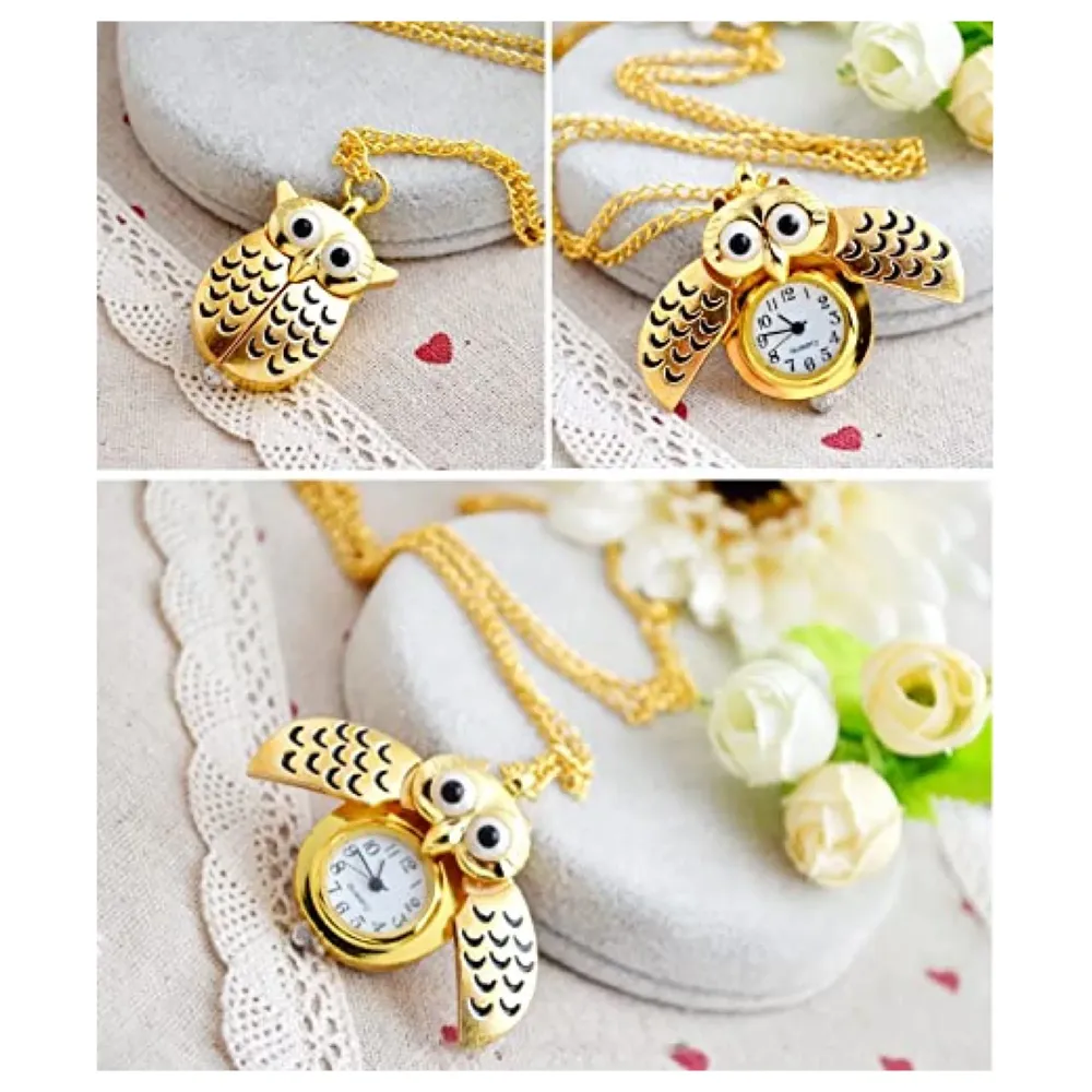 Gold Owl Pocket Watch Classic Vintage Retro Owl Chain Pocket 2.5 Cms Diameter Pendent