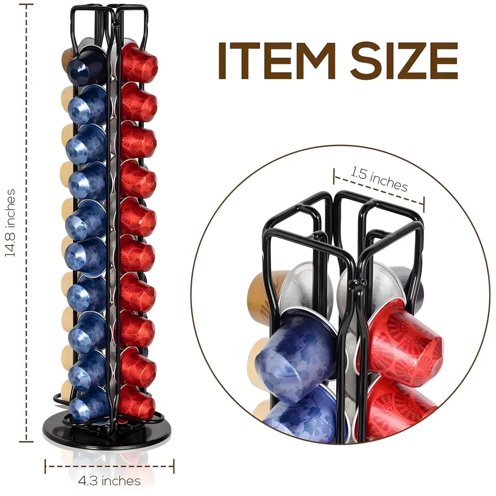 Coffee Capsule Holder Rotating Stand For 40 Coffee Pods Compatible with Nespresso Pods | Espresso Pods Rack For Home & Office - Black - 37.6 cm x 10.5 cm x 10.5 cm.