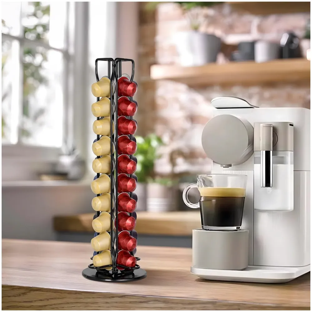 Coffee Capsule Holder Rotating Stand For 40 Coffee Pods Compatible with Nespresso Pods | Espresso Pods Rack For Home & Office - Black - 37.6 cm x 10.5 cm x 10.5 cm.