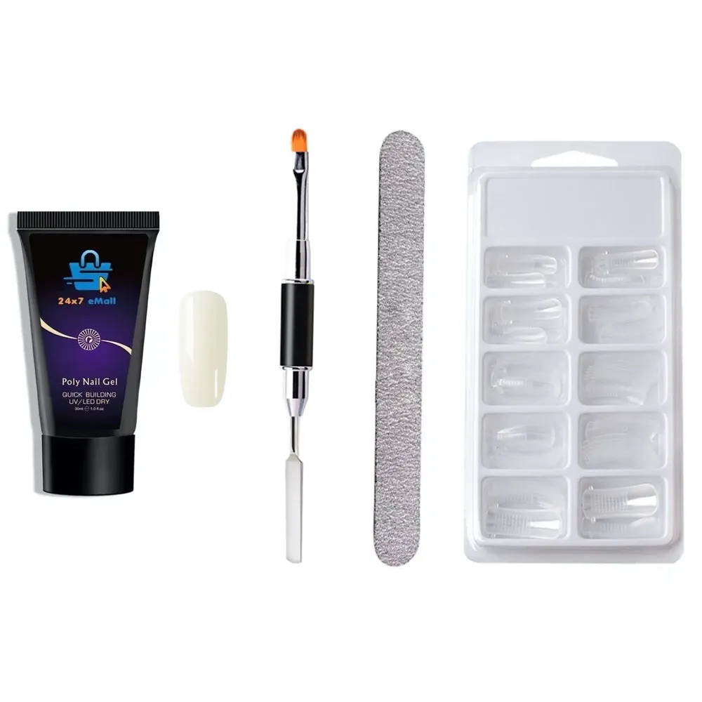Milky White Poly Gel Nail With Nail Spatula, Buffer And 100Pcs Fake Nails Acrylic Gel Poly Gel Nail Gel Extension Set