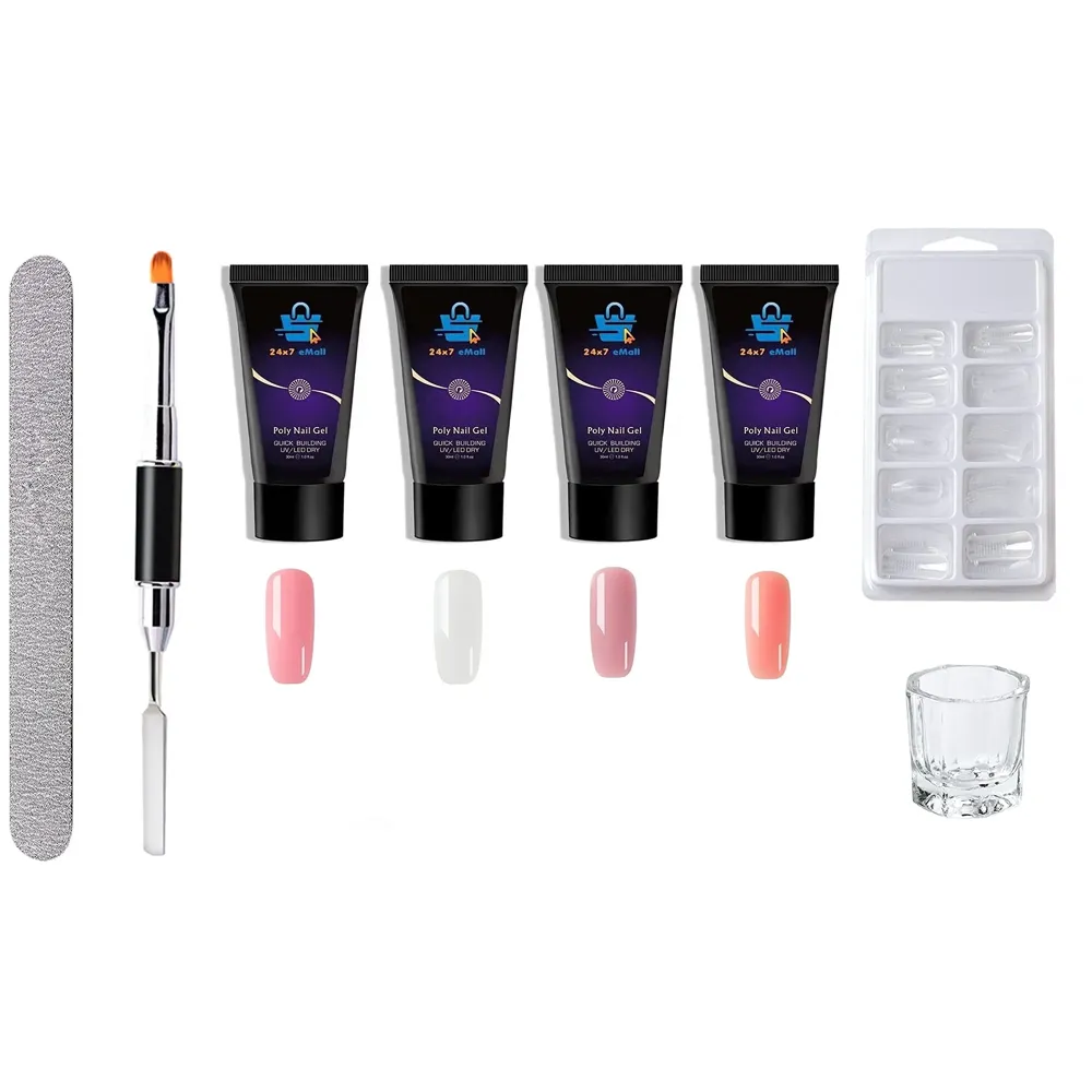 Nail Poly Nail Gel Set of 4 (30ml Each) With Fake nails, Spatula, Buffer, Clips And Glass