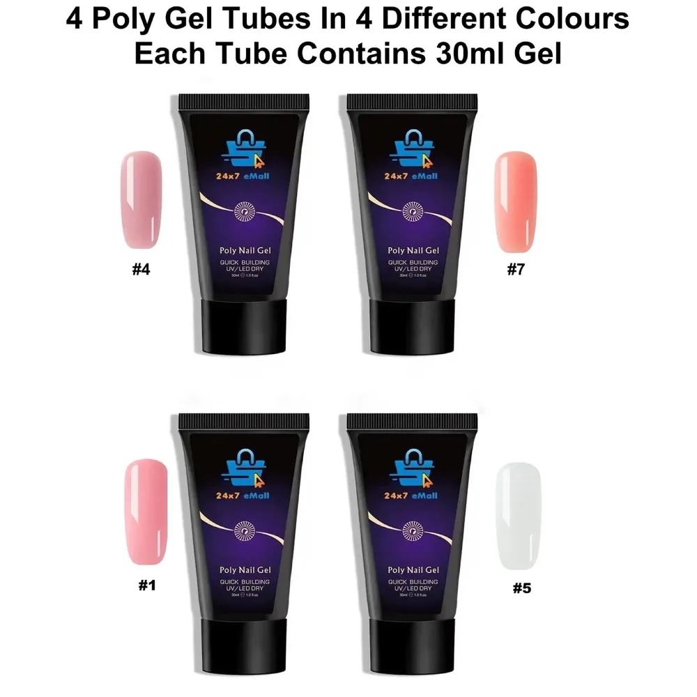 Nail Poly Nail Gel Set of 4 (30ml Each) With Fake nails, Spatula, Buffer, Clips And Glass