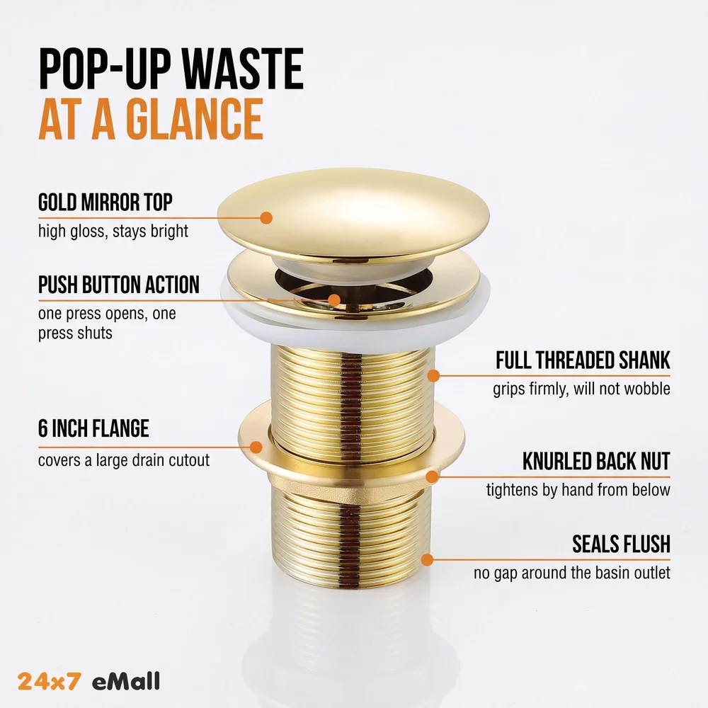 Brass Full Threaded Pop Up Waste Coupling 32 MM ~ 6", Brass Top (Gold - 6 Inch)