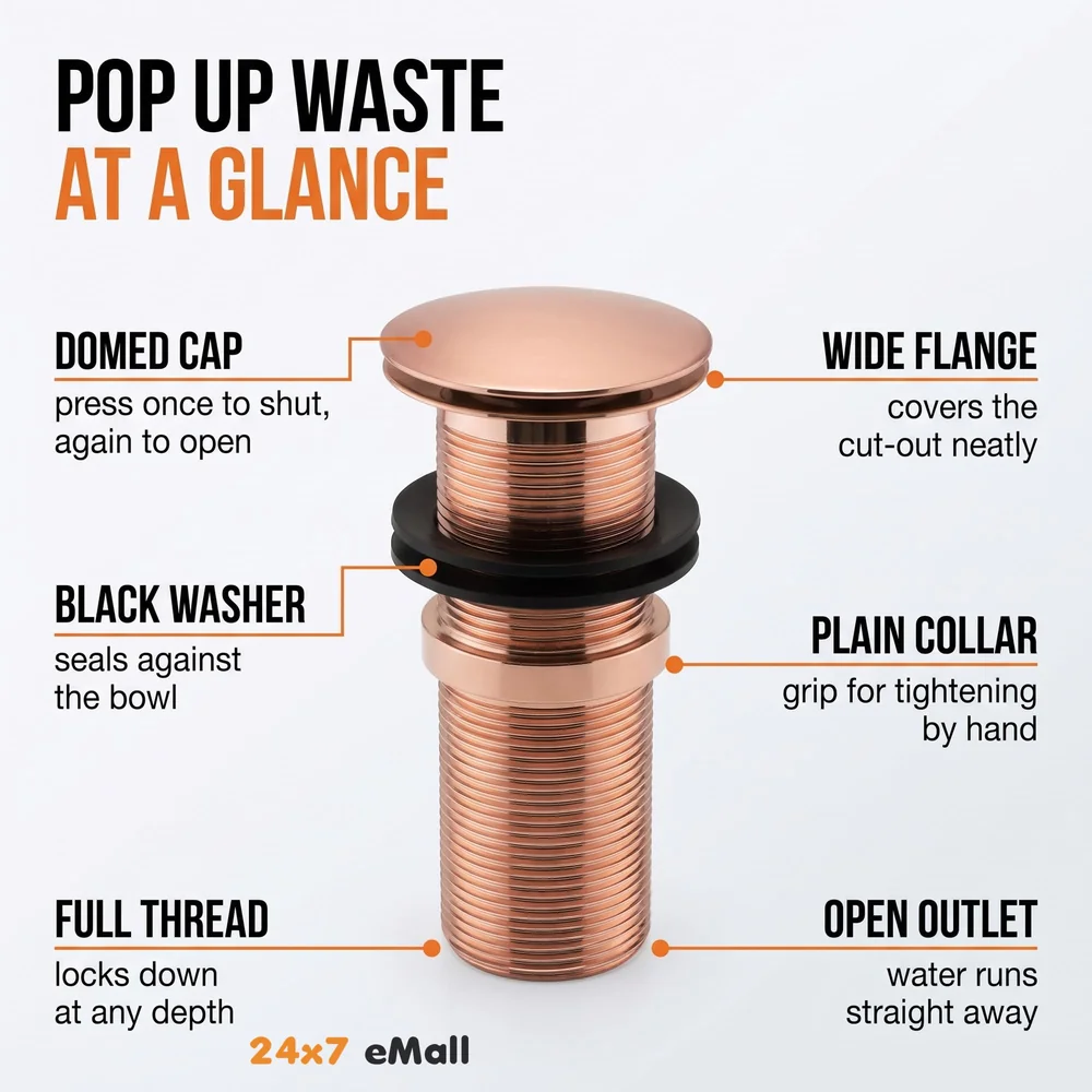 Brass Full Threaded Pop Up Waste Coupling 5", Brass Top (Rose Gold (5 Inch))