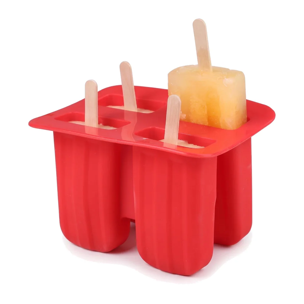 Ice Pop Moulds, 4 Cavity Food Grade Silicone Frozen Ice Popsicle Kulfi Maker with Sticks, BPA Free, Kitchen Tools, Red, Ice Cream Moulds
