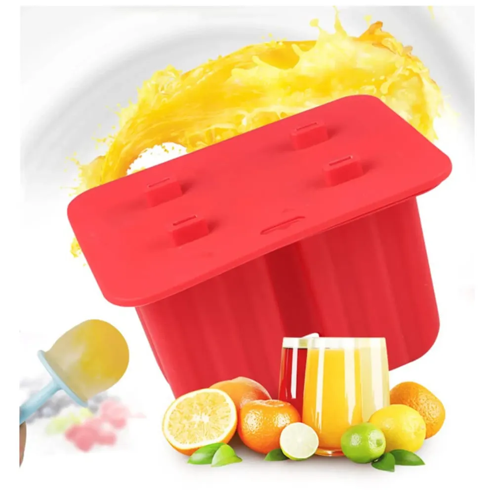 Ice Pop Moulds, 4 Cavity Food Grade Silicone Frozen Ice Popsicle Kulfi Maker with Sticks, BPA Free, Kitchen Tools, Red, Ice Cream Moulds