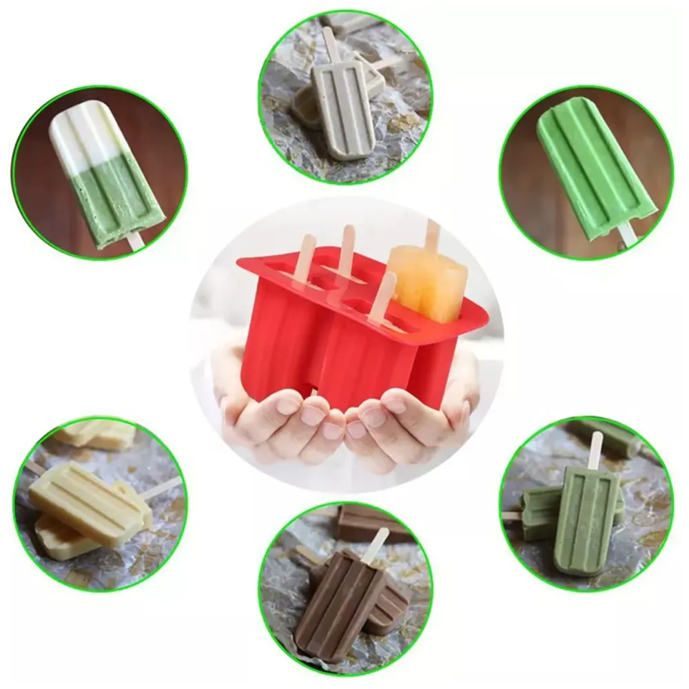 Ice Pop Moulds, 4 Cavity Food Grade Silicone Frozen Ice Popsicle Kulfi Maker with Sticks, BPA Free, Kitchen Tools, Red, Ice Cream Moulds