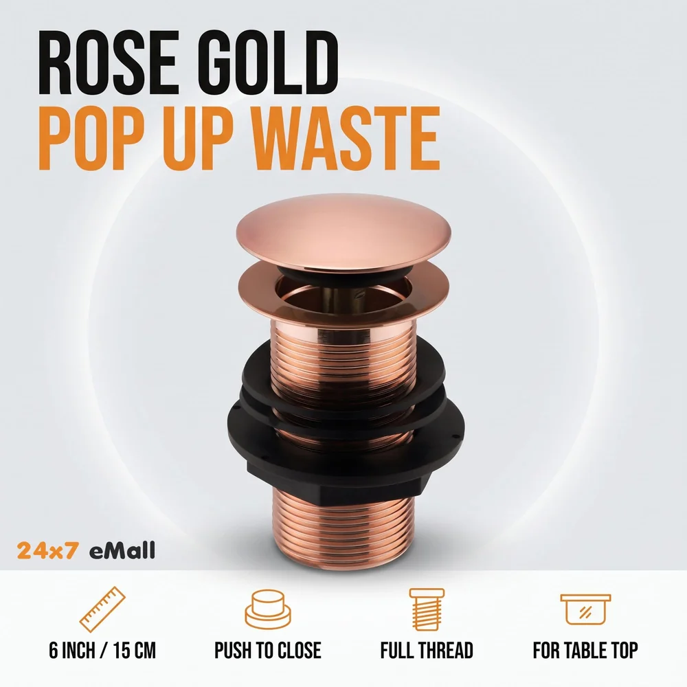 6 Inches Rose Gold Full Threaded Pop Up Waste Coupling for Basins Washroom Toilets Bathroom - 6 inch- 15 cm, Brass Top.