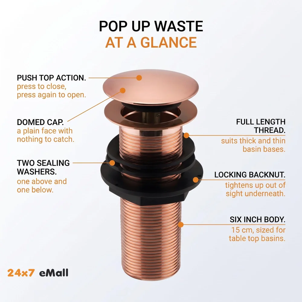 6 Inches Rose Gold Full Threaded Pop Up Waste Coupling for Basins Washroom Toilets Bathroom - 6 inch- 15 cm, Brass Top.
