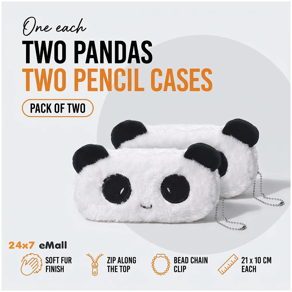 2 Pcs Panda Fur Pencil Pouch Soft Toy Box 21 x 10 cm Stationery