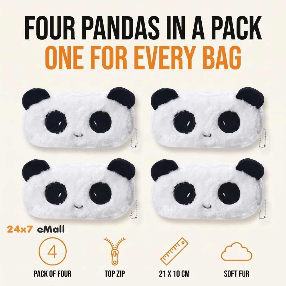 4 Pcs Panda Fur Pencil Pouch Soft Toy Box 21 x 10 cm Stationery