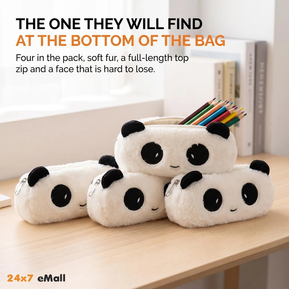 4 Pcs Panda Fur Pencil Pouch Soft Toy Box 21 x 10 cm Stationery