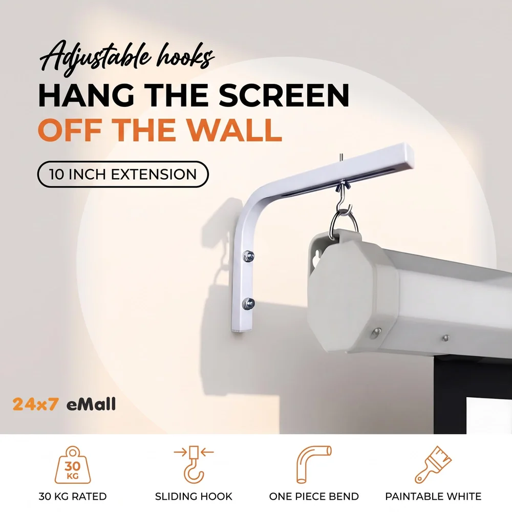 10 inch Universal Projector Mount Bracket Screen L-Bracket Wall Hanging Mount Kit 10" Adjustable Extension with Hook for Projector Screen Indoor Outdoor Movie Video Home Theater, White
