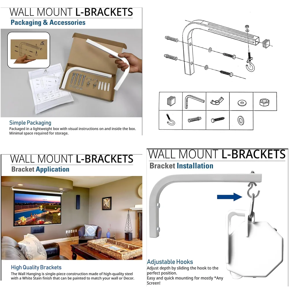 10 inch Universal Projector Mount Bracket Screen L-Bracket Wall Hanging Mount Kit 10" Adjustable Extension with Hook for Projector Screen Indoor Outdoor Movie Video Home Theater, White