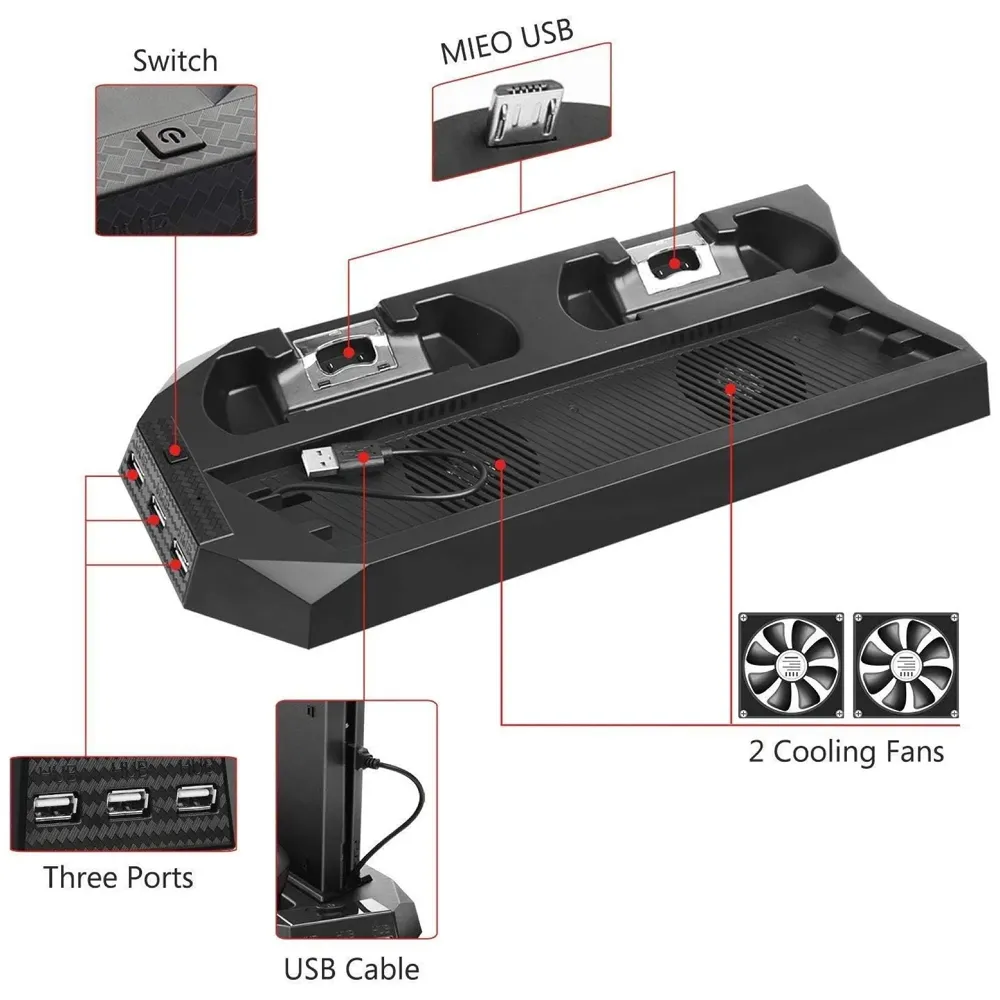 Vertical Stand for PS4 Pro, Cooling Fan Base with Dual Controller Charging Dock & 3-Port USB Hub, Space-Saving Console Stand to Prevent Overheating During Long Gaming Sessions