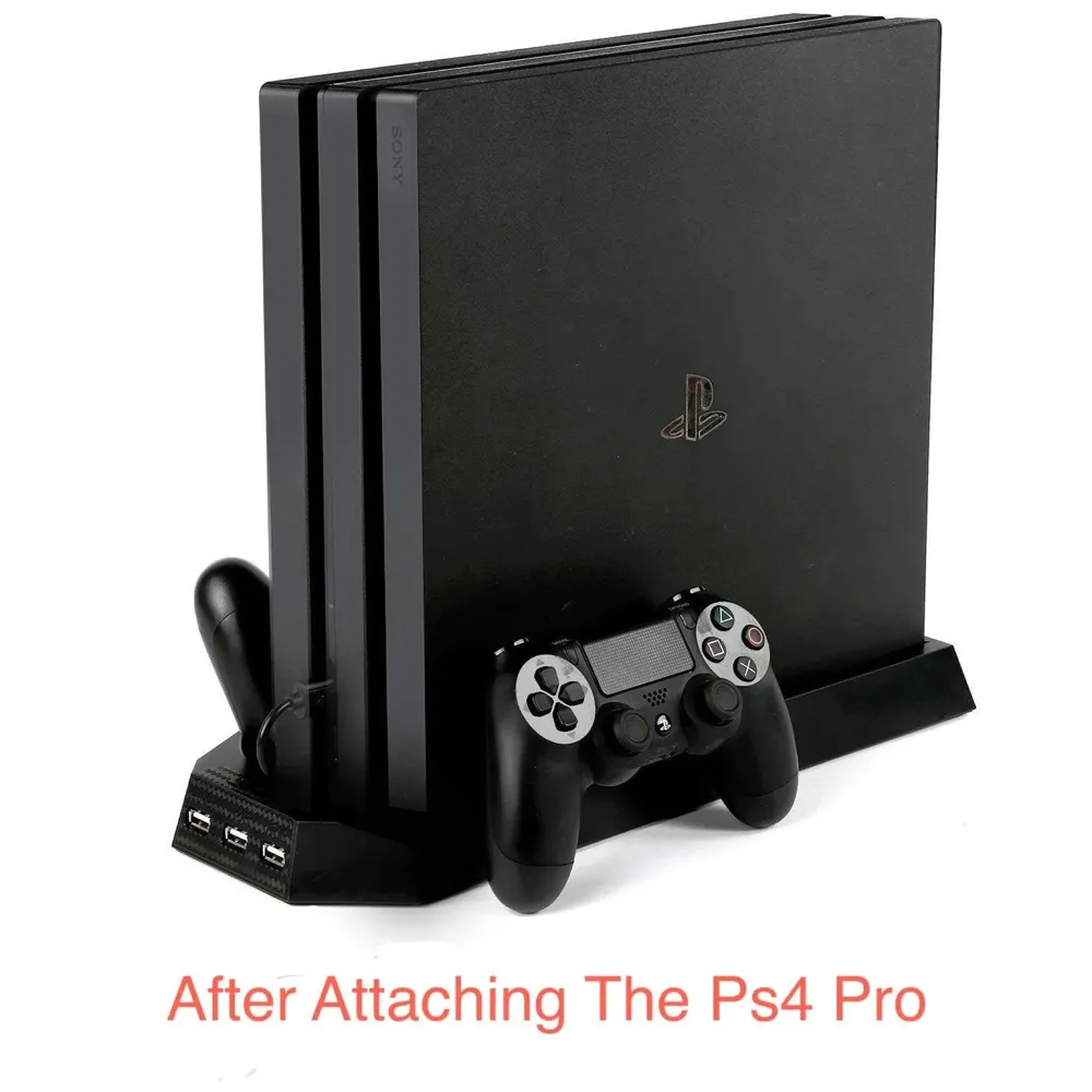 Vertical Stand for PS4 Pro, Cooling Fan Base with Dual Controller Charging Dock & 3-Port USB Hub, Space-Saving Console Stand to Prevent Overheating During Long Gaming Sessions