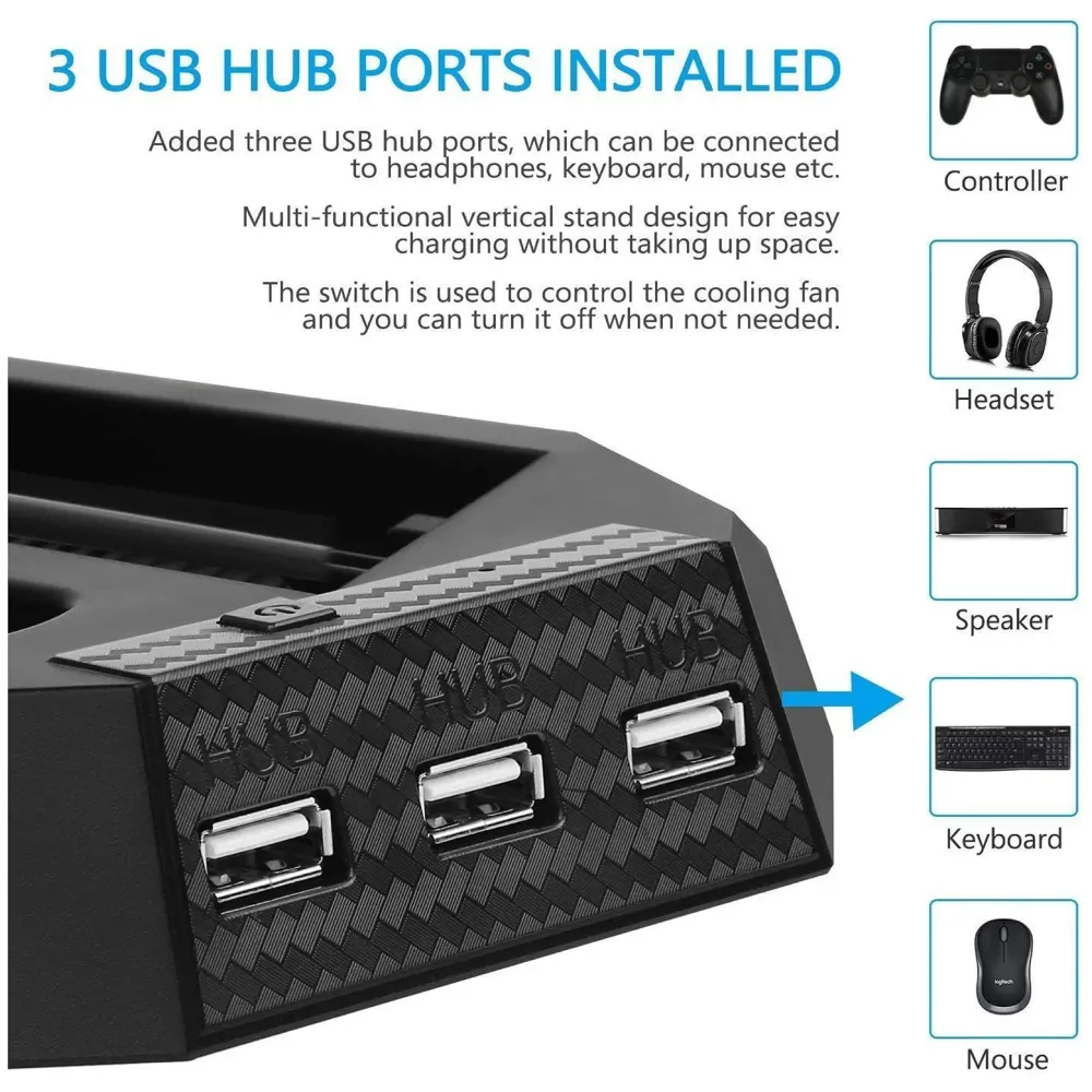 Vertical Stand for PS4 Pro, Cooling Fan Base with Dual Controller Charging Dock & 3-Port USB Hub, Space-Saving Console Stand to Prevent Overheating During Long Gaming Sessions