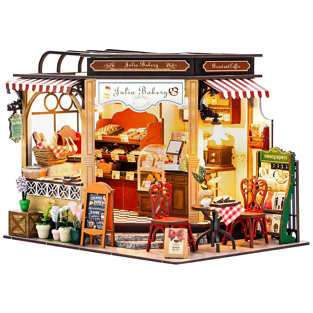 CUTEBEE Dollhouse Miniature House Kit with Furniture, DIY Dollhouse Kit with Dust Proof, Creative Room Gift for Family and Friends Julia Bakery