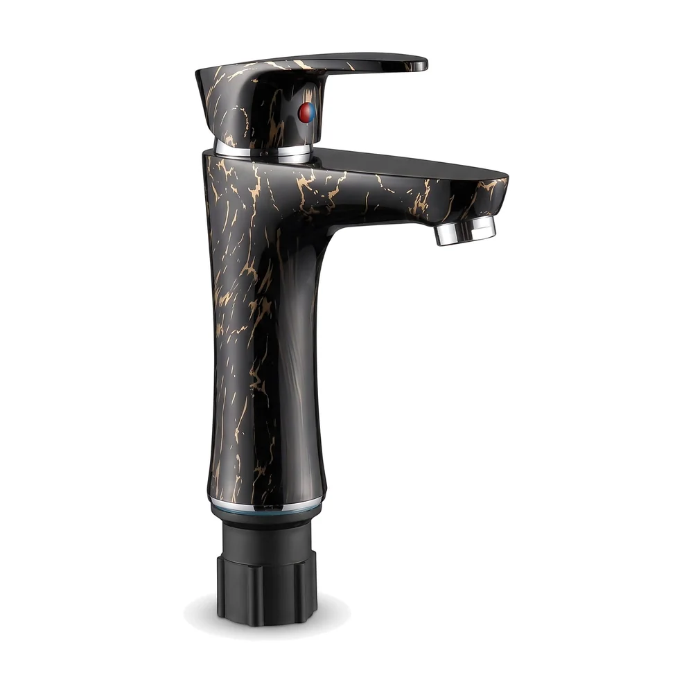 PVC Black Basin Tap Faucet Mixer Black Gold Marble Design for Bathroom Toilet Wash Basins Hot and Cold Water Tap Short Body - 7 Inches Wash Basin tap