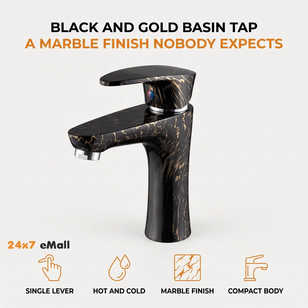 PVC Black Basin Tap Faucet Mixer Black Gold Marble Design for Bathroom Toilet Wash Basins Hot and Cold Water Tap Short Body - 7 Inches Wash Basin tap
