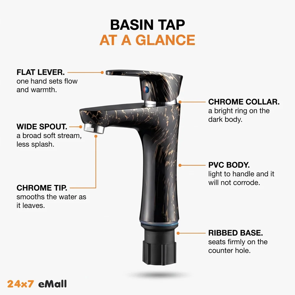 PVC Black Basin Tap Faucet Mixer Black Gold Marble Design for Bathroom Toilet Wash Basins Hot and Cold Water Tap Short Body - 7 Inches Wash Basin tap