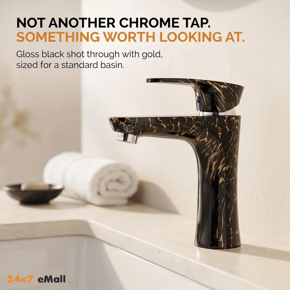 PVC Black Basin Tap Faucet Mixer Black Gold Marble Design for Bathroom Toilet Wash Basins Hot and Cold Water Tap Short Body - 7 Inches Wash Basin tap