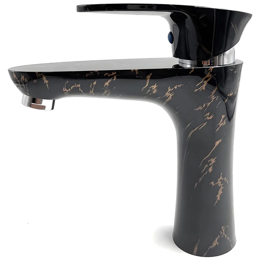 PVC Black Basin Tap Faucet Mixer Black Gold Marble Design for Bathroom Toilet Wash Basins Hot and Cold Water Tap Short Body - 7 Inches Wash Basin tap