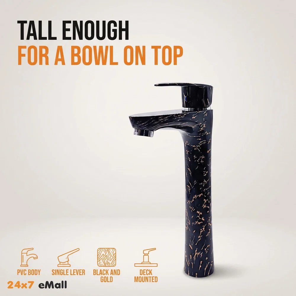 12 inch PVC Basin Mixer Faucet Tap Black Gold Marble Design Hot and Cold Bathroom Tap Tall Body - 30 Cm