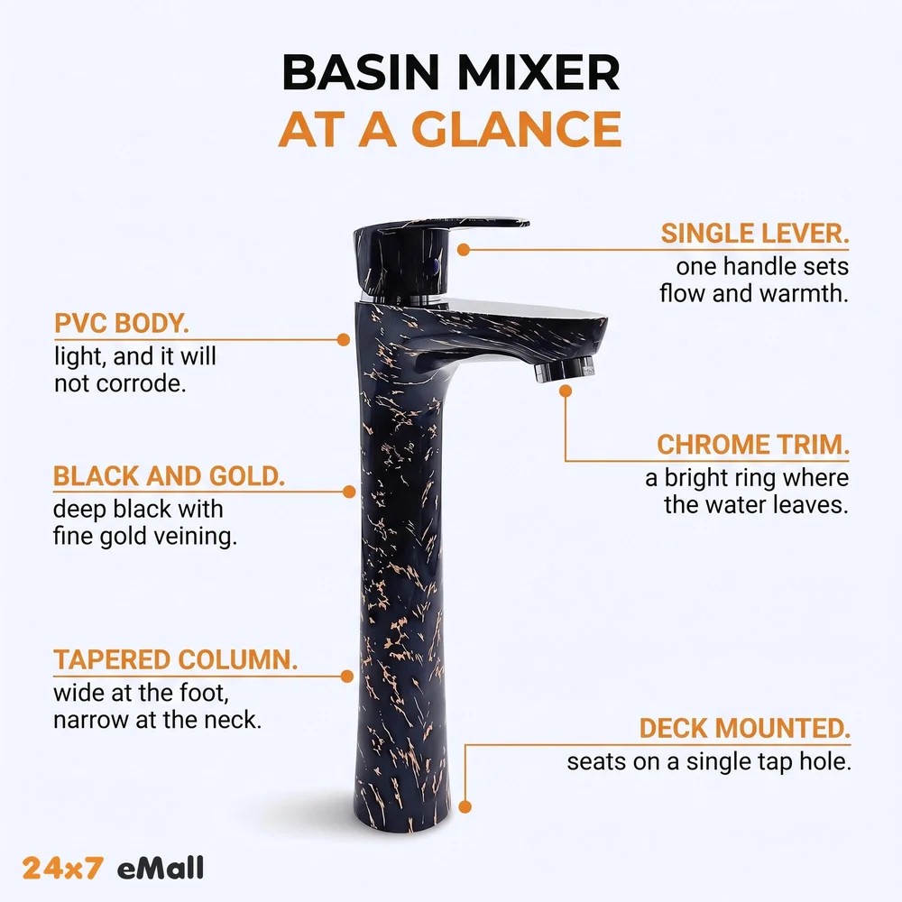 12 inch PVC Basin Mixer Faucet Tap Black Gold Marble Design Hot and Cold Bathroom Tap Tall Body - 30 Cm