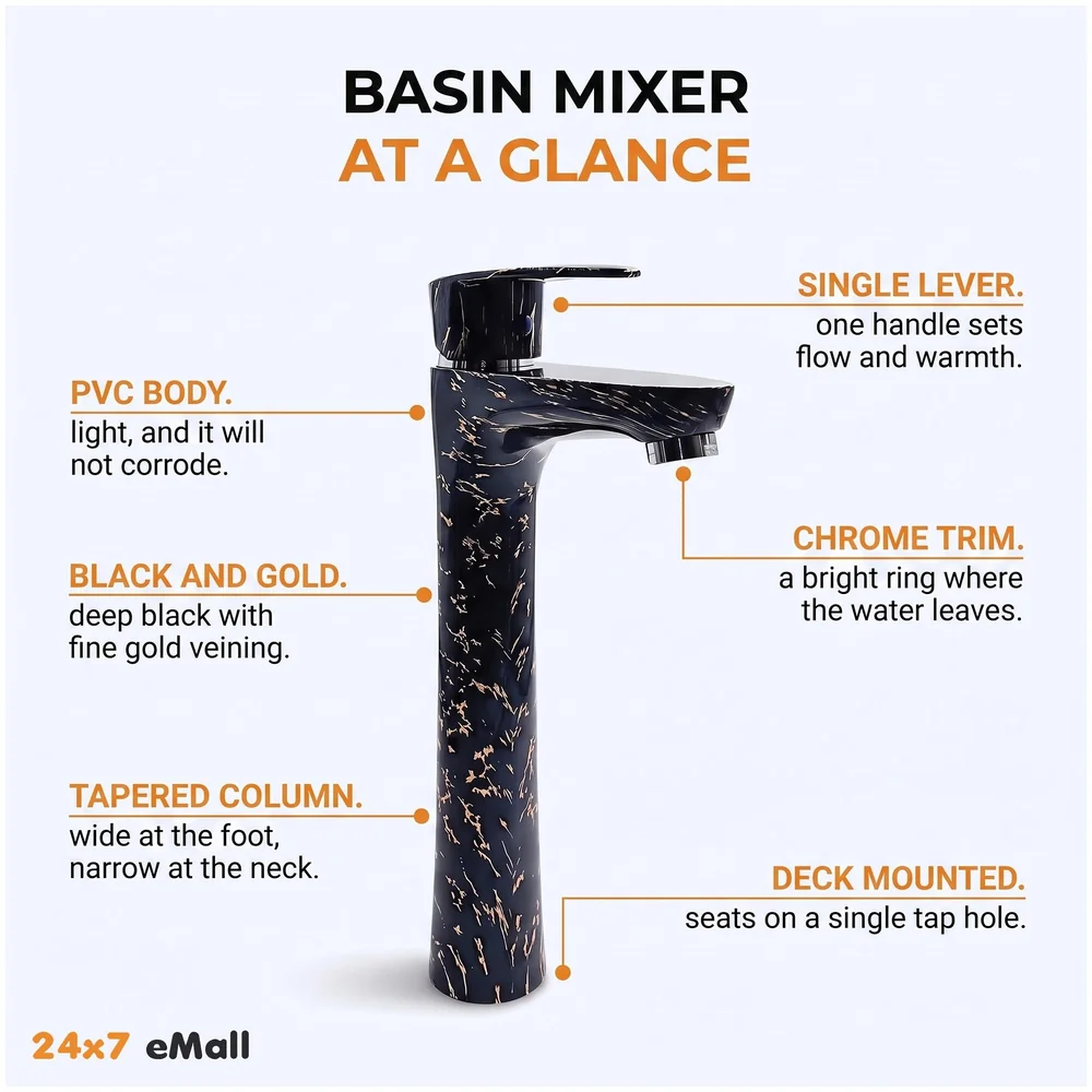 12 inch PVC Basin Mixer Faucet Tap Black Gold Marble Tall 30 cm Premium