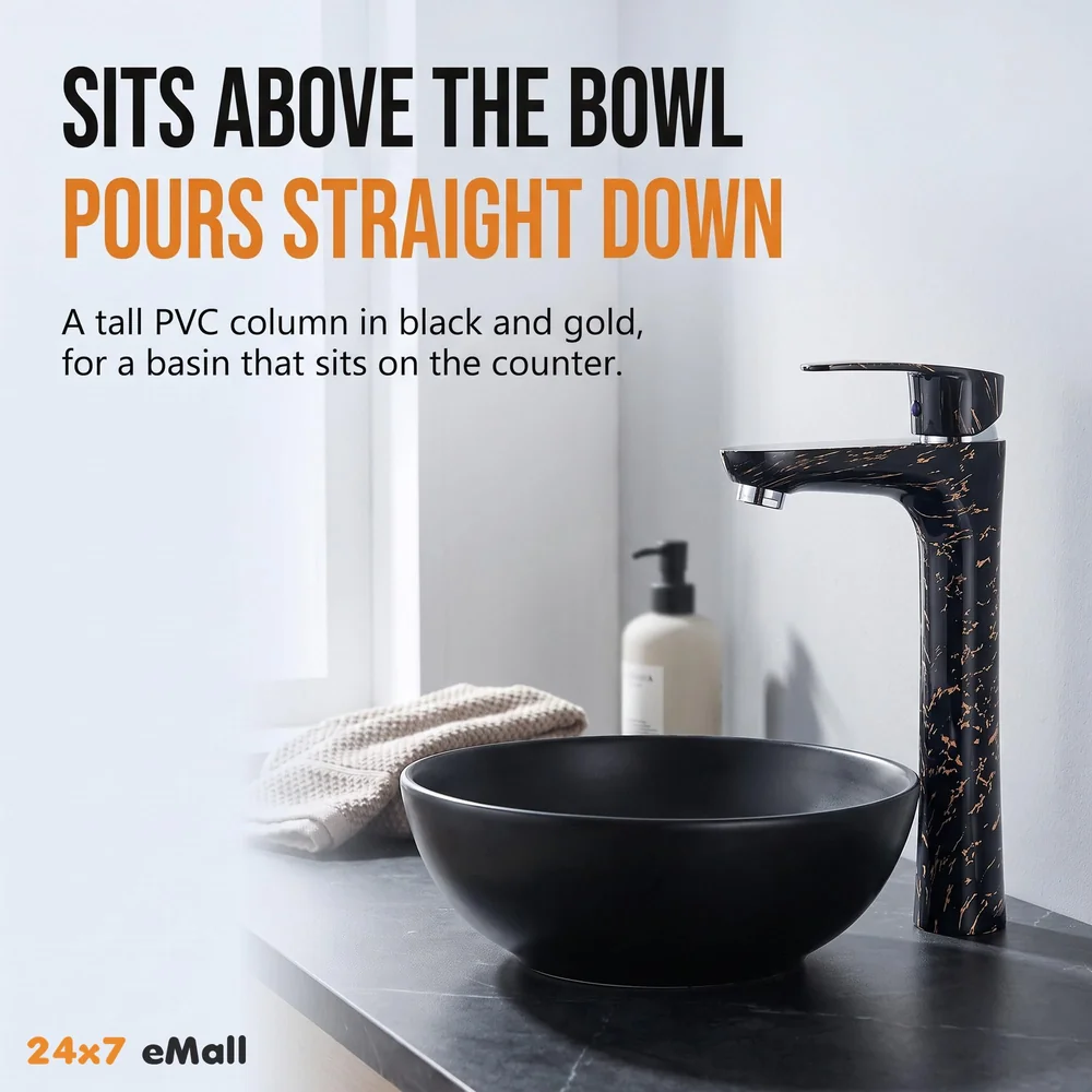 12 inch PVC Basin Mixer Faucet Tap Black Gold Marble Design Hot and Cold Bathroom Tap Tall Body - 30 Cm
