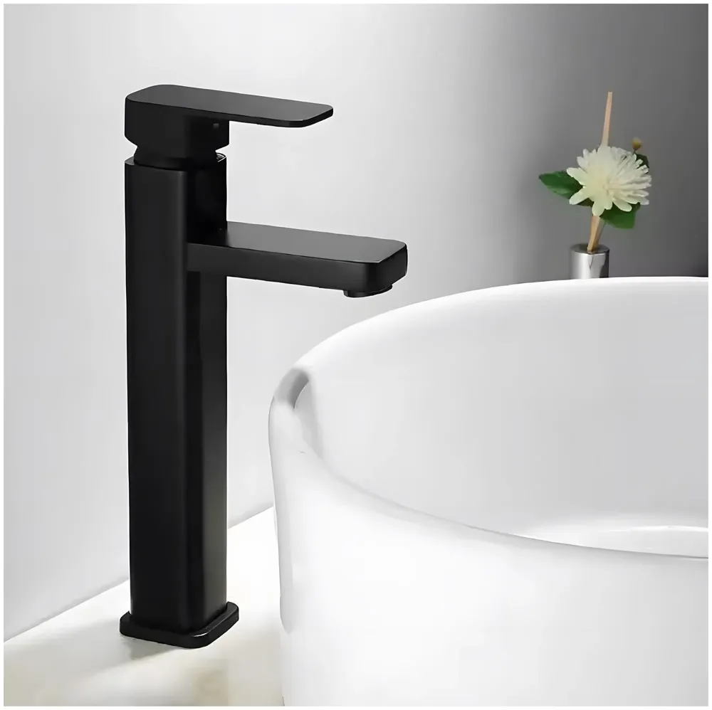 PVC Matt Black Basin Mixer Faucet Tap, Hot and Cold Bathroom Basin Tap Tall Body - 12 Inches