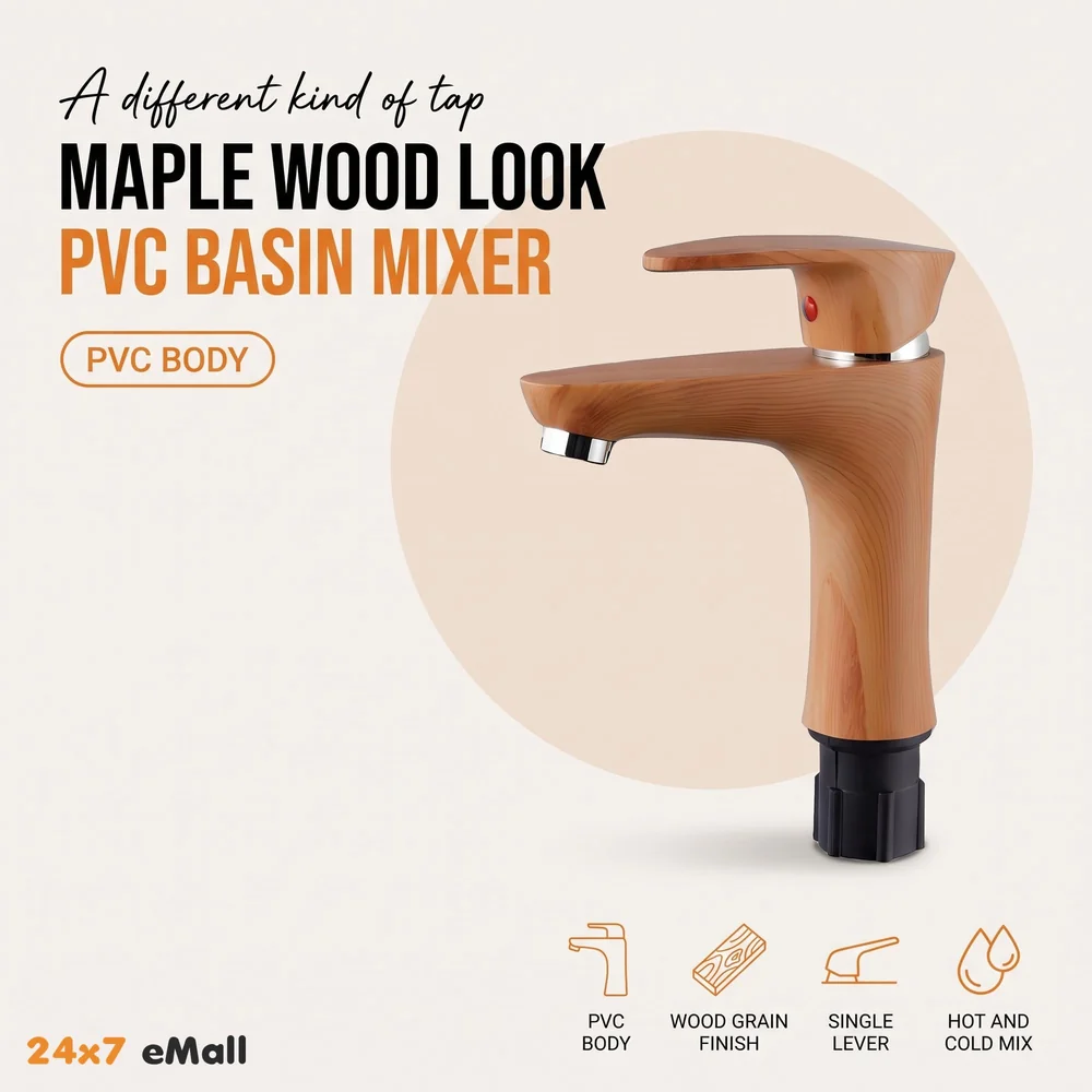 PVC Brown Antique Basin Tap Faucet Mixer Wood Design for Bathroom Toilet Wash Basins Hot and Cold Water (Short Body - 7 Inches)