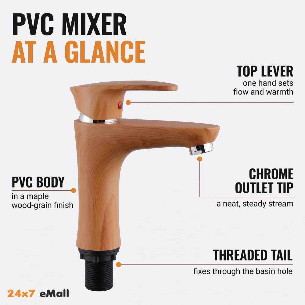 PVC Brown Antique Basin Tap Faucet Mixer Wood Design for Bathroom Toilet Wash Basins Hot and Cold Water (Short Body - 7 Inches)
