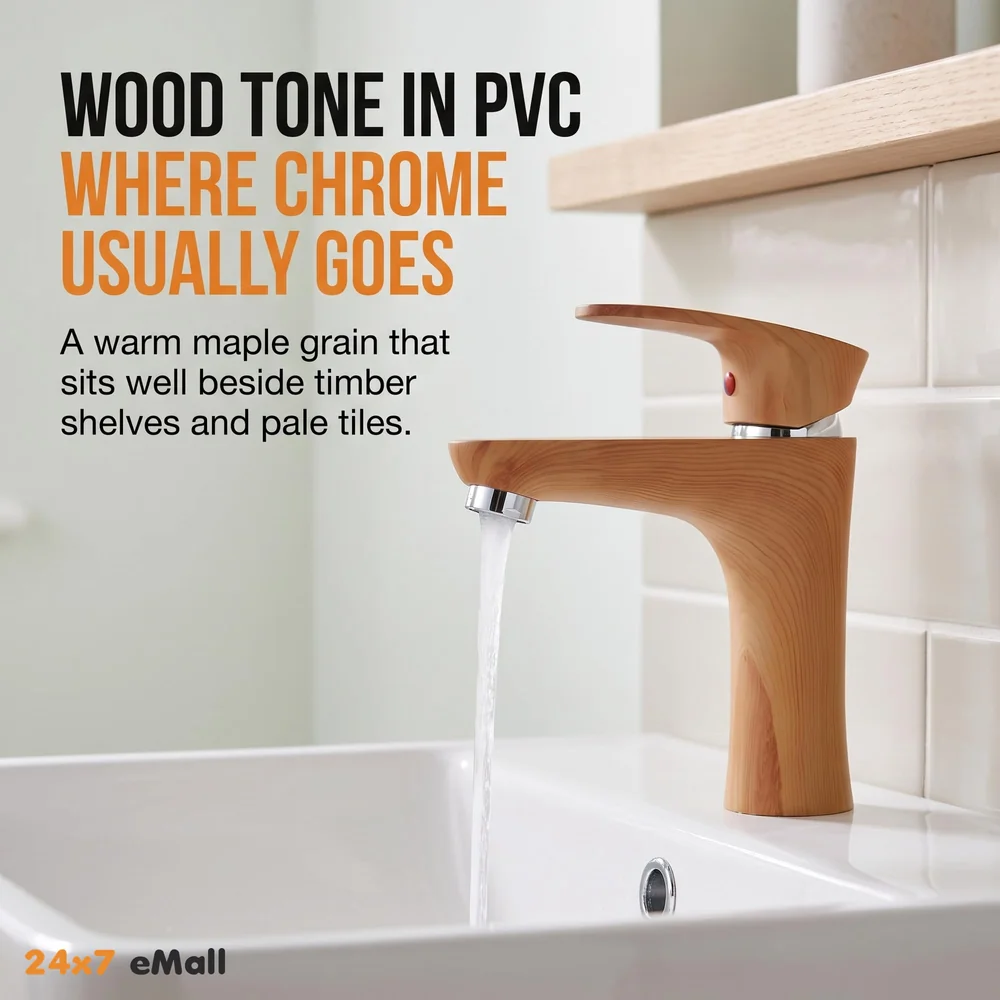 PVC Brown Antique Basin Tap Faucet Mixer Wood Design for Bathroom Toilet Wash Basins Hot and Cold Water (Short Body - 7 Inches)