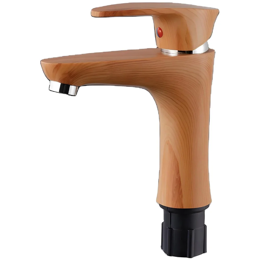 PVC Brown Antique Basin Tap Faucet Mixer Wood Design for Bathroom Toilet Wash Basins Hot and Cold Water (Short Body - 7 Inches)
