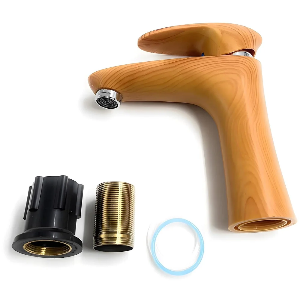 PVC Brown Antique Basin Tap Faucet Mixer Wood Design for Bathroom Toilet Wash Basins Hot and Cold Water (Short Body - 7 Inches)