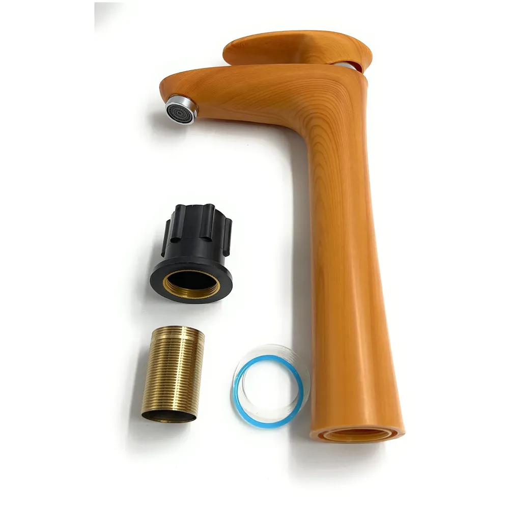 PVC Basin Mixer Faucet Tap Wood Design Wooden Colour Hot and Cold Bathroom Tap (Tall Body - 12 Inches)