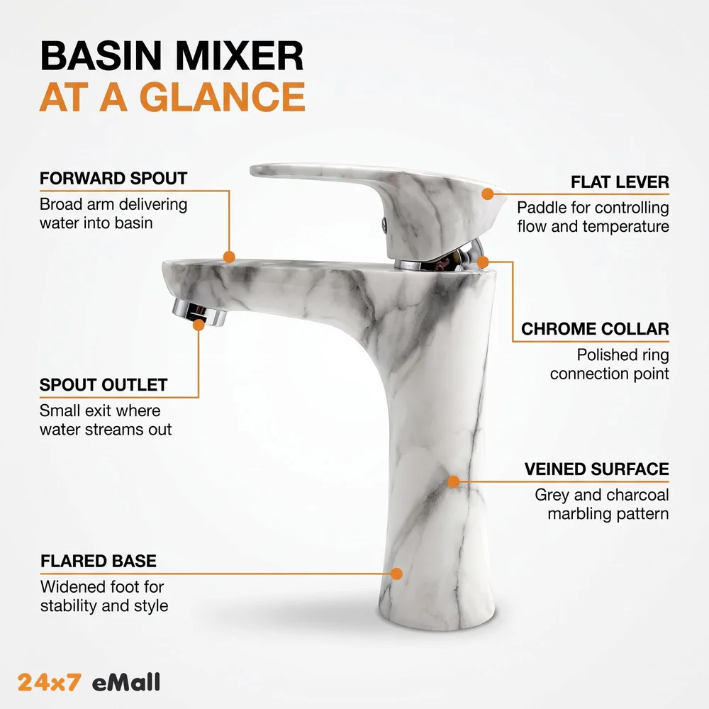 PVC Basin Tap Faucet Mixer White Marble Design for Bathroom Toilet Wash Basins Hot and Cold Water Tap Short Body - 7 Inches